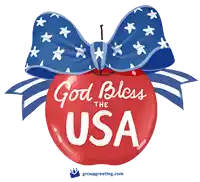 a red apple with a blue and white bow that says " god bless the usa "