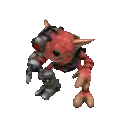 a cartoon character with a red head and a red eye is standing on one leg .