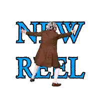 a man in a brown coat is standing in front of a sign that says " new reel "