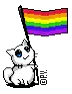 a pixel art cat is holding a rainbow flag in its paws .