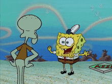 a cartoon of spongebob and squidward with a pizza box in the background