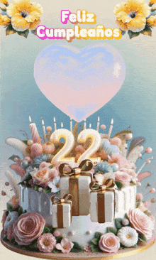 a birthday cake with flowers and candles with the number 22 on top
