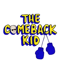 a logo for the comeback kid shows a man wearing sunglasses and blue boxing gloves