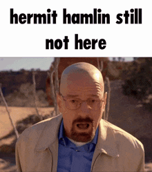 a picture of a man with glasses and the words hermit hamlin still not here on it