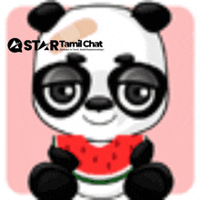 a panda bear is holding a slice of watermelon with a star tamil chat logo behind it