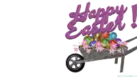 a bunny rabbit is pushing a wheelbarrow full of easter eggs