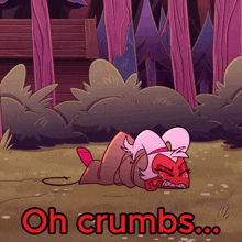 a cartoon character laying on the ground with the words oh crumbs written below him