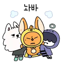 a group of cartoon characters are standing next to each other with korean writing above them