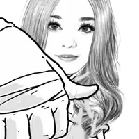 a black and white drawing of a woman 's face with a hand pointing at it