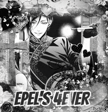 a black and white photo of a man holding a fan with the words " epels lever " on the bottom