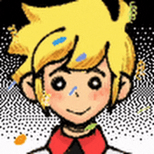 a cartoon drawing of a boy with yellow hair and a red shirt
