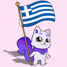 a cartoon cat holding a greek flag on a pole