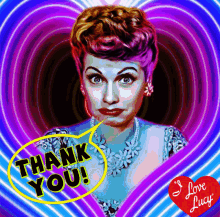 a painting of a woman with a thank you speech bubble