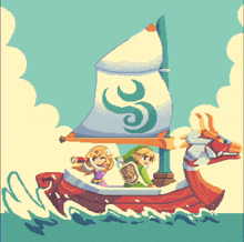 a pixel art of zelda and link on a boat