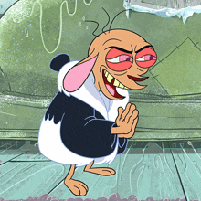 a cartoon character wearing a black and white coat with red eyes