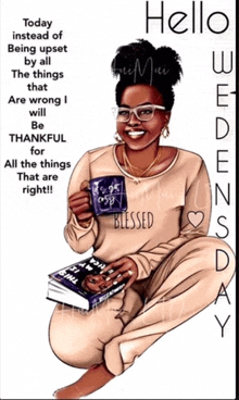 a woman is sitting on the floor holding a cup of coffee and a book .