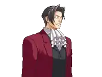 a pixel art drawing of a man in a red suit making a funny face
