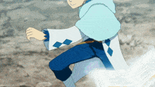 a person in a blue and white outfit is running with a book