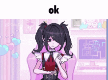 a pixel art of a girl sitting in a chair with the word ok on the bottom