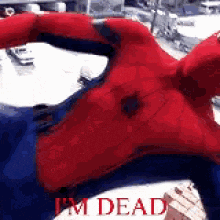 a person in a spiderman costume is laying on the ground with their arms outstretched .