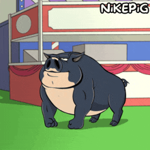 a cartoon pig is standing in front of a booth that says nikepig