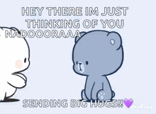 a cartoon of two teddy bears hugging each other with the words `` hey there im just thinking of you nadaooraaa ''