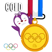 a purple penguin is holding a gold medal with the olympic rings around it