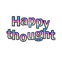 a sticker that says happy thought in rainbow colored letters