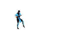 a man in a blue shirt is laying on the ground while a woman in a blue outfit kicks him in the face