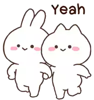 a cat and a rabbit are standing next to each other with the word yeah below them