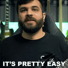a man with a beard is holding a guitar with the words it 's pretty easy written below him