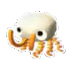 a stuffed octopus with orange tentacles and a white body is floating in the air .
