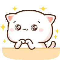 a cute cartoon cat is sitting on a table with its paws folded .