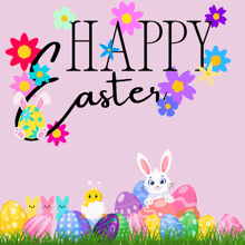 a pink background with easter eggs and flowers with the words happy easter