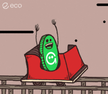 a cartoon drawing of a roller coaster with a green coin with a smiley face on it