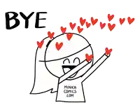 a cartoon drawing of a girl with hearts coming out of her eyes and the words bye