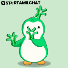 a green penguin is holding a green star in its beak ..