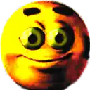a close up of a yellow smiley face with green eyes and a smile .