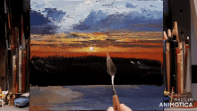 a painting of a sunset with the words made in animatica at the bottom