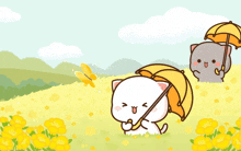 two cartoon cats holding umbrellas in a field of flowers