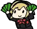 a cartoon girl in a school uniform is holding two green fans .