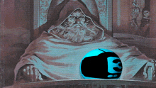 a painting of a man with a beard and a blue sphere with the letter e on it