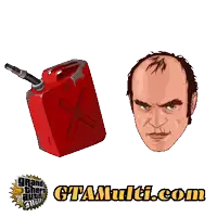 a red gas can next to a man 's head with the website gtamulti.com