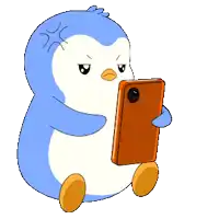a cartoon penguin is holding a cell phone in its right hand