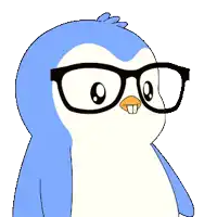 a blue and white penguin wearing glasses says " actually "