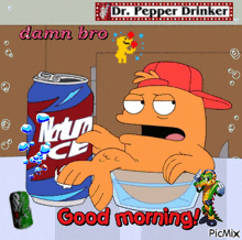 a picture of a cartoon character with a can of natur ice