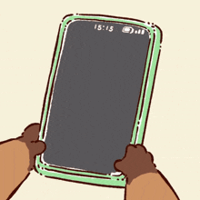 a cartoon of a person holding a cell phone with the time of 15:15 on the screen