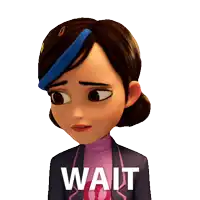 a cartoon character with the word wait written on her shirt