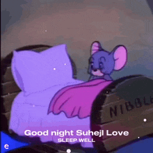 a cartoon mouse is laying in a bed with a purple blanket and pillow .