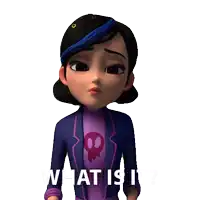 a cartoon character with the words what is t written below her